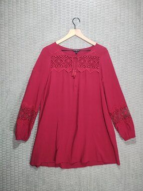 Express Red Boho Long Sleeve Tunic Mini Dress Crochet-Sz S